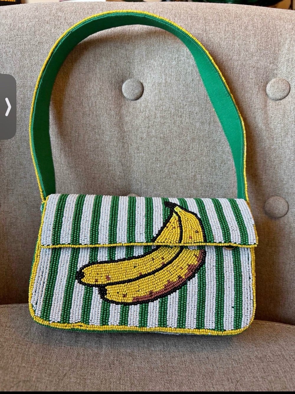 Anthropology Beaded Green & White Stripe Banana Shoulder Bag